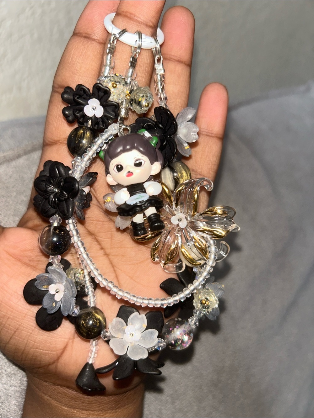 Cute Black & Clear Floral handmade bag Charm with Cartoon Doll